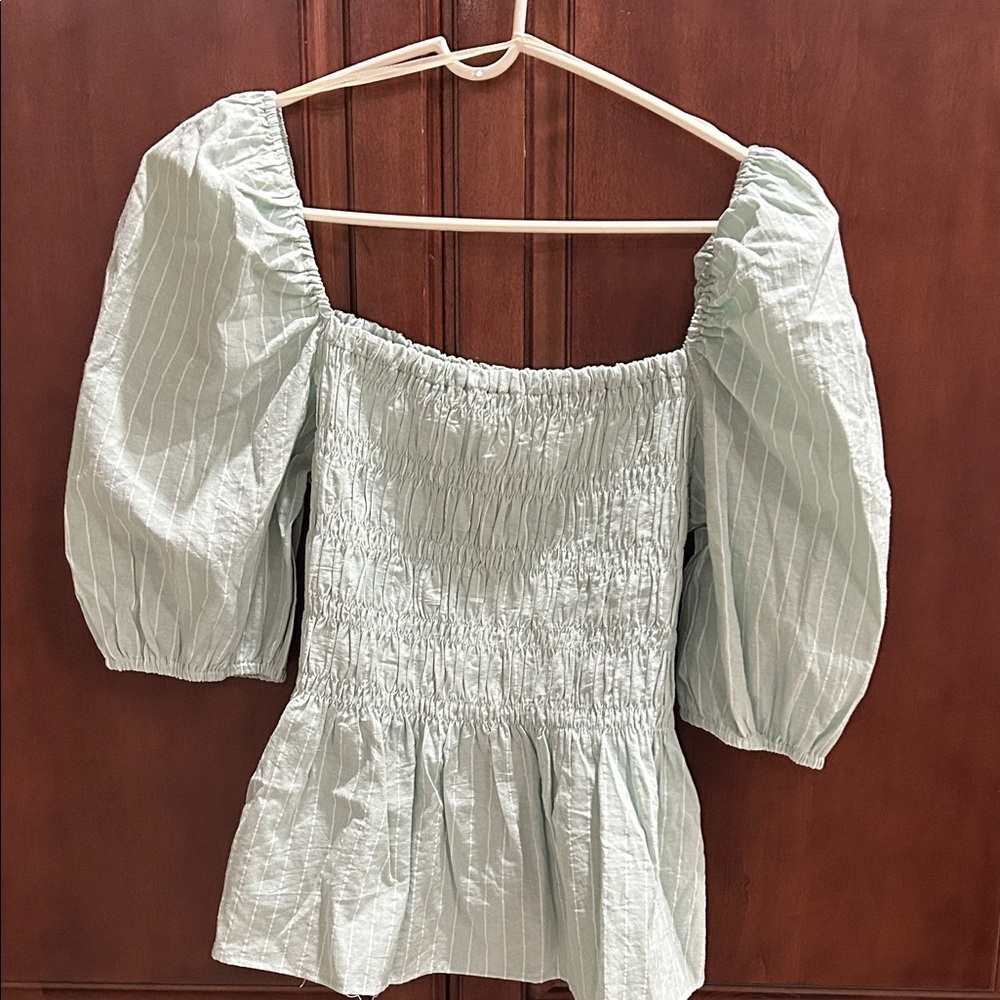 Umgee Mint Green Pinstriped Smocked Blouse
